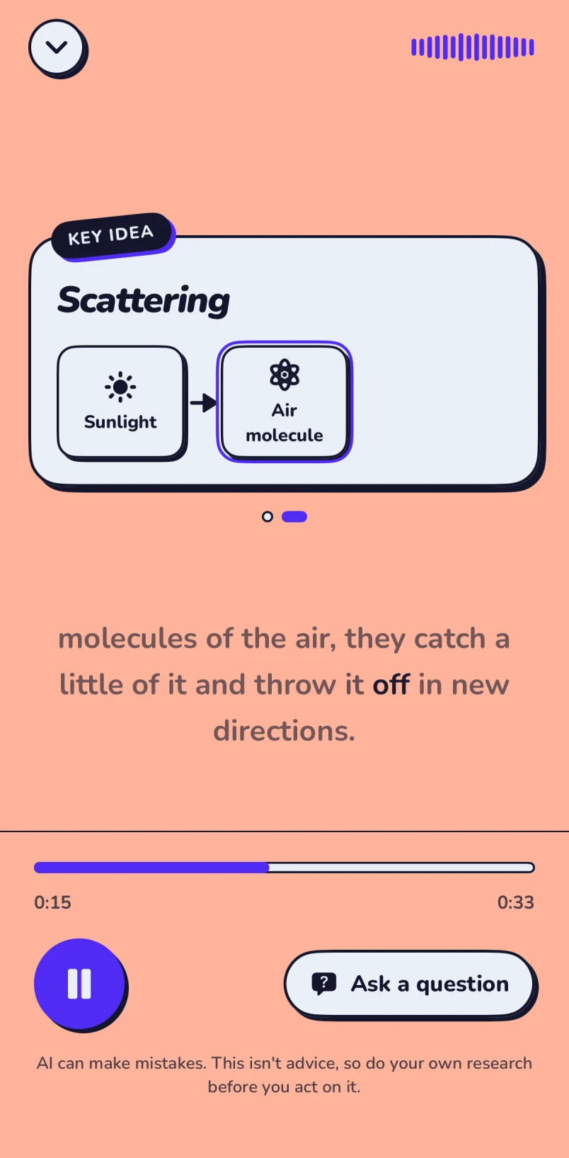 A spoken lesson on sherbet, with a flashcard showing sunlight scattering off an air molecule and a caption under it.